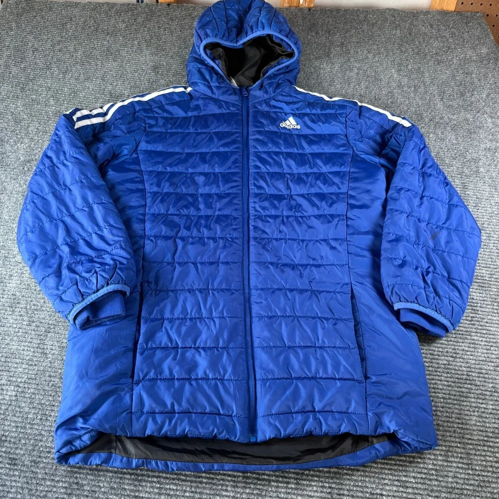 Adidas Royal Blue Quilted Puffer Jacket Hooded 3-Stripe XL 18/20 4347